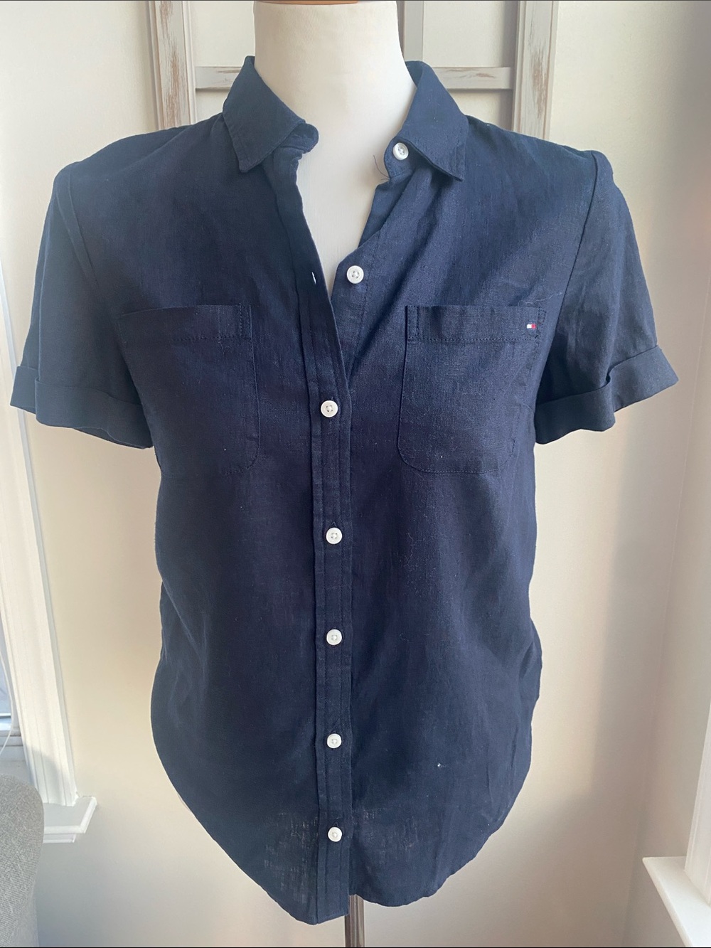 Tommy Hilfiger Navy Blue Short Sleeve Linen blend Button Down Blouse XS - NWT - Picture 5 of 9